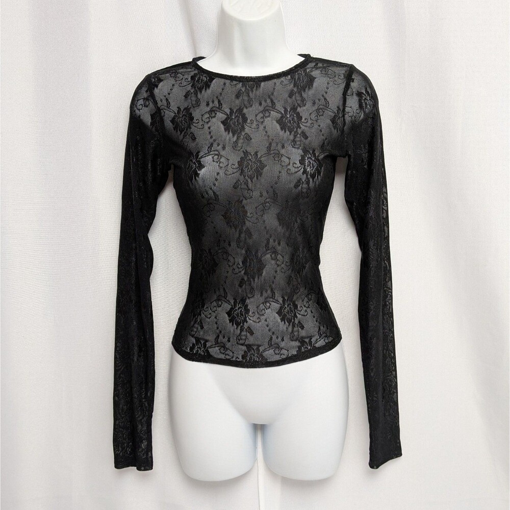 Y2K Outcast Clothing Sheer Lace Floral Mesh Long Sleeve Black Top Small